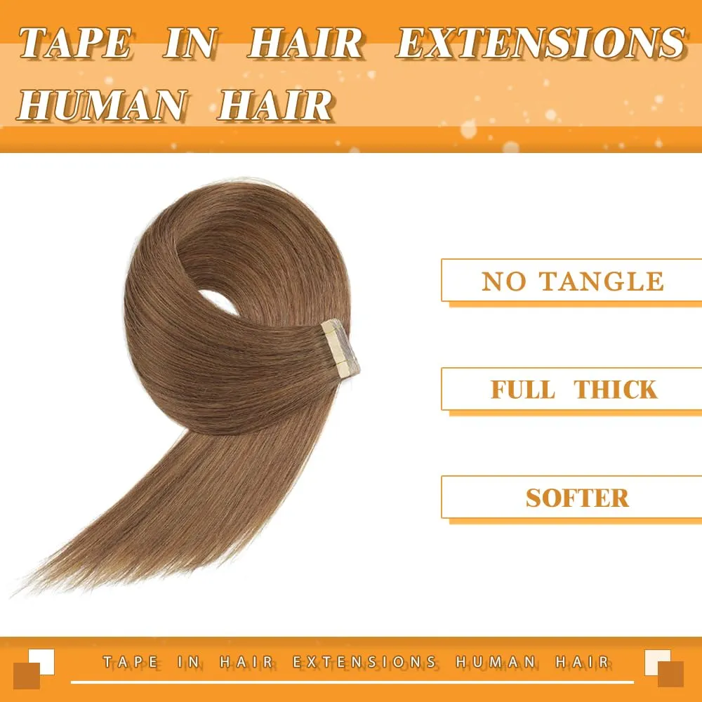 YDDM Tape in Hair Extensions, 18 Inch Gold Brown 100% Remy Human Hair 20pcs Straight Seamless Invisible Tape in Hair Extensions(10#, 18 Inch)