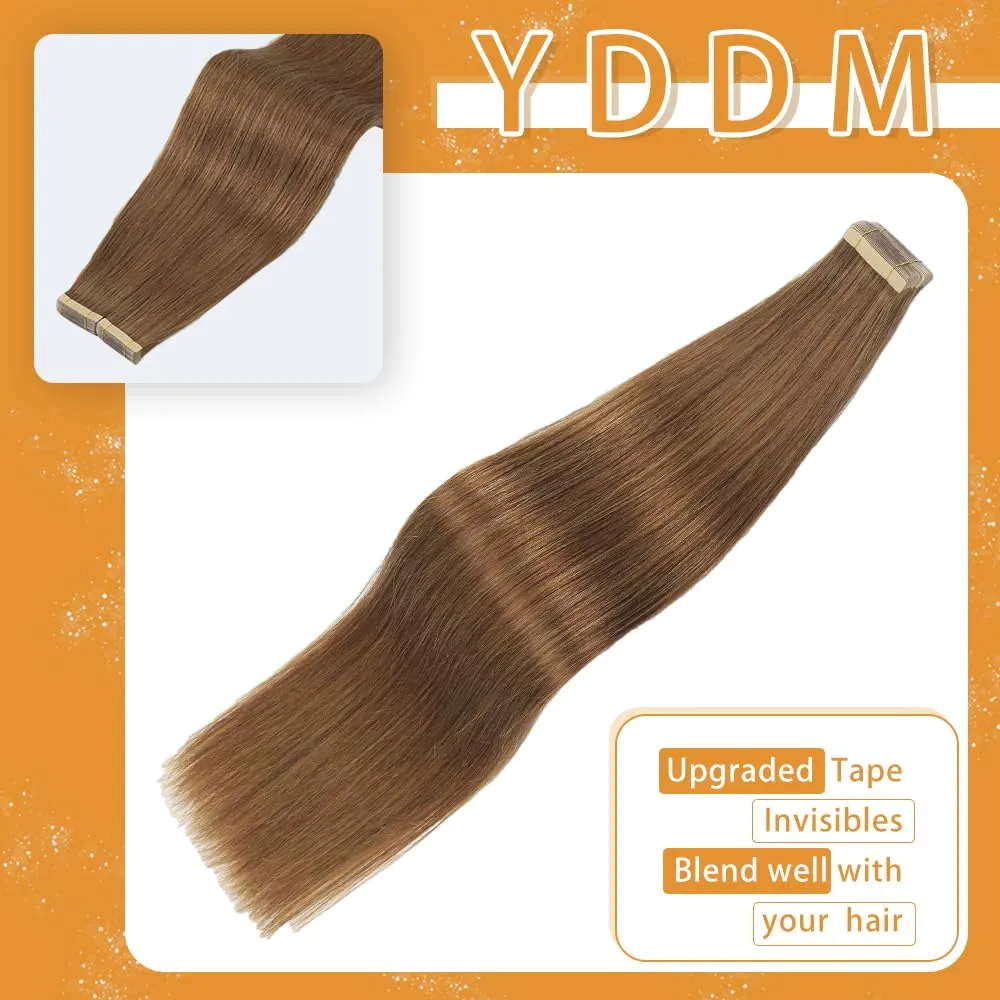 YDDM Tape in Hair Extensions, 18 Inch Gold Brown 100% Remy Human Hair 20pcs Straight Seamless Invisible Tape in Hair Extensions(10#, 18 Inch)