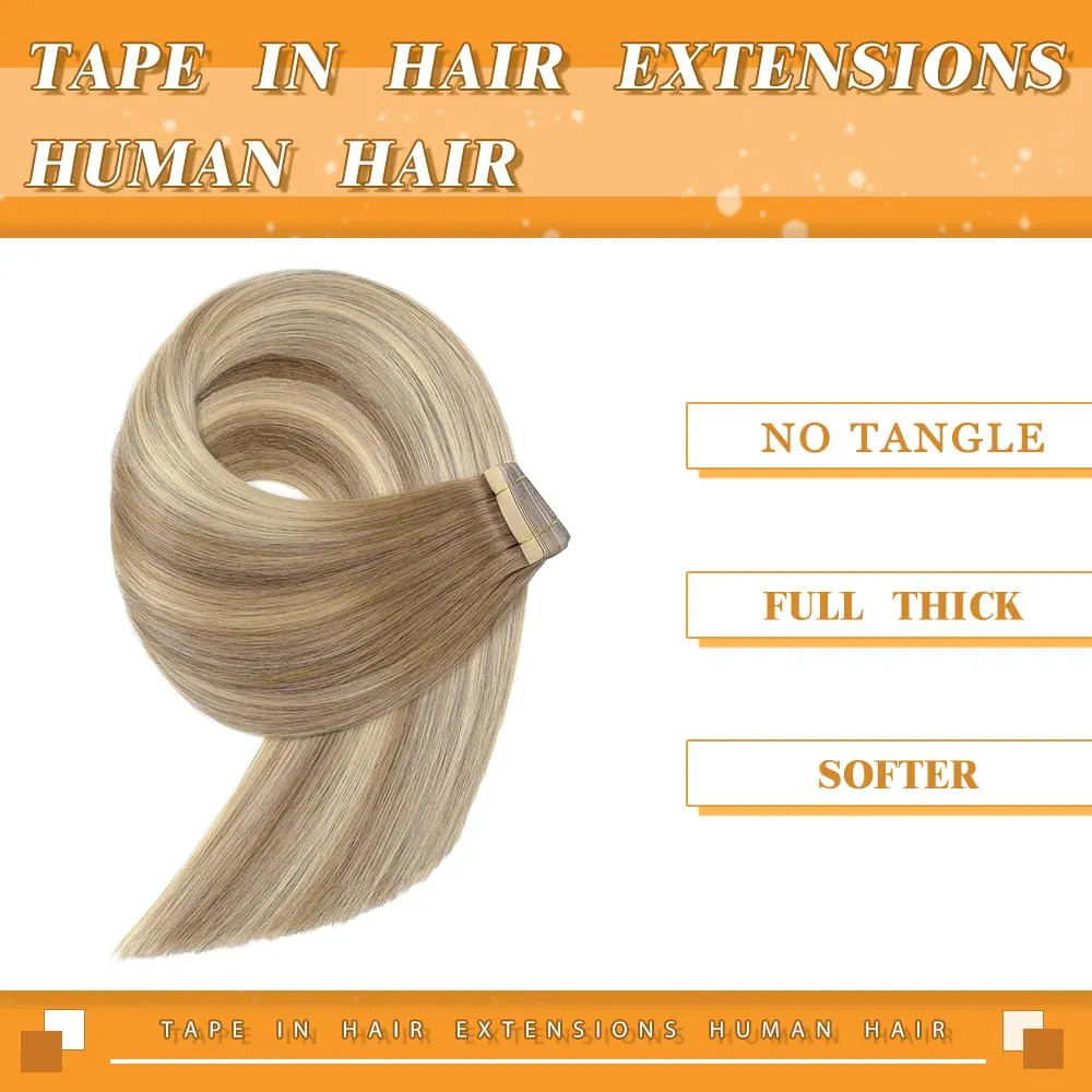 YDDM Tape in Hair Extensions, 20pcs Balayage Gold Brown Mixed Dark Blonde 14 Inch Straight 100% Remy Human Hair Seamless Invisible Tape in Hair Extensions Human Hair(10/10/22#, 14 Inch)