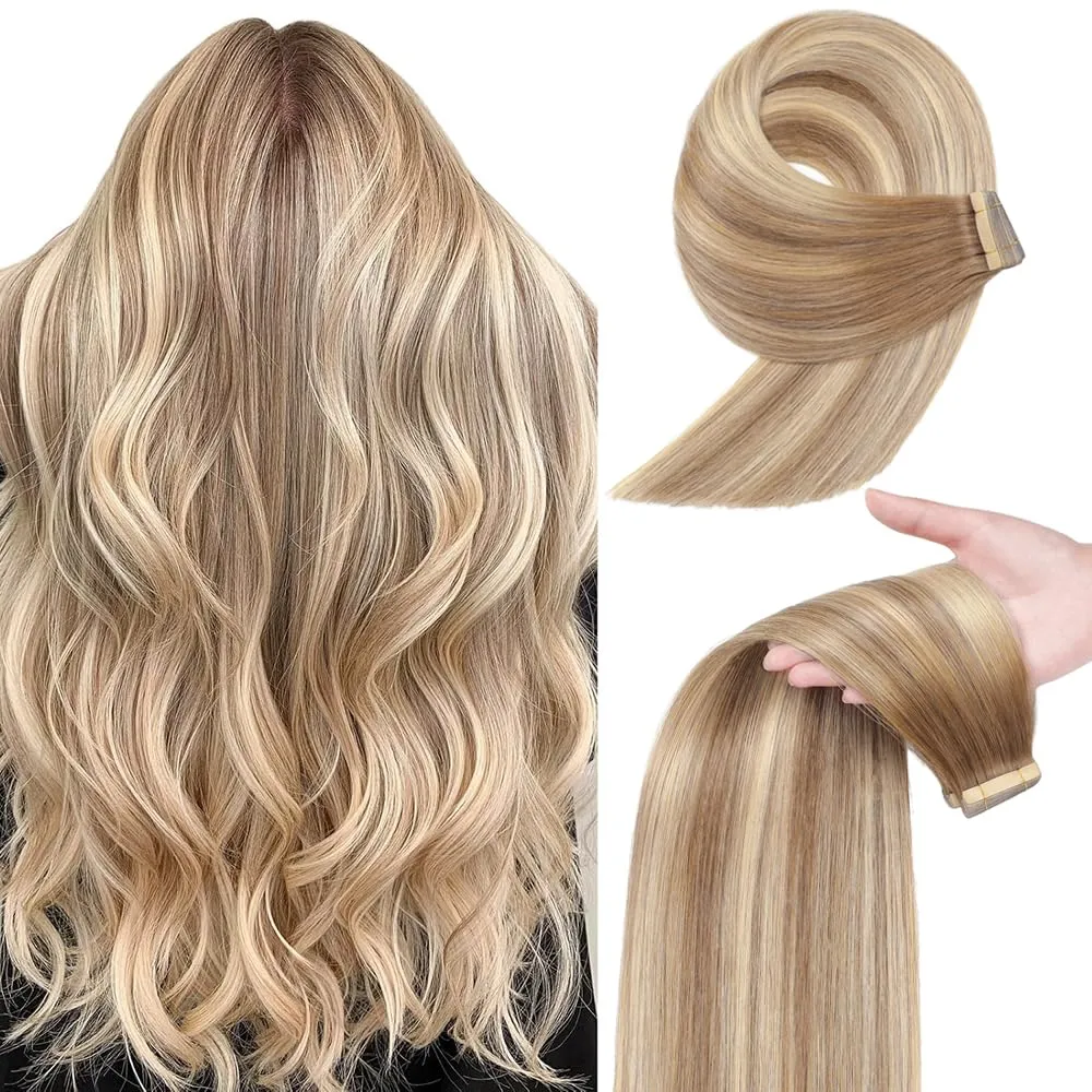 YDDM Tape in Hair Extensions, 20pcs Balayage Gold Brown Mixed Dark Blonde 14 Inch Straight 100% Remy Human Hair Seamless Invisible Tape in Hair Extensions Human Hair(10/10/22#, 14 Inch)