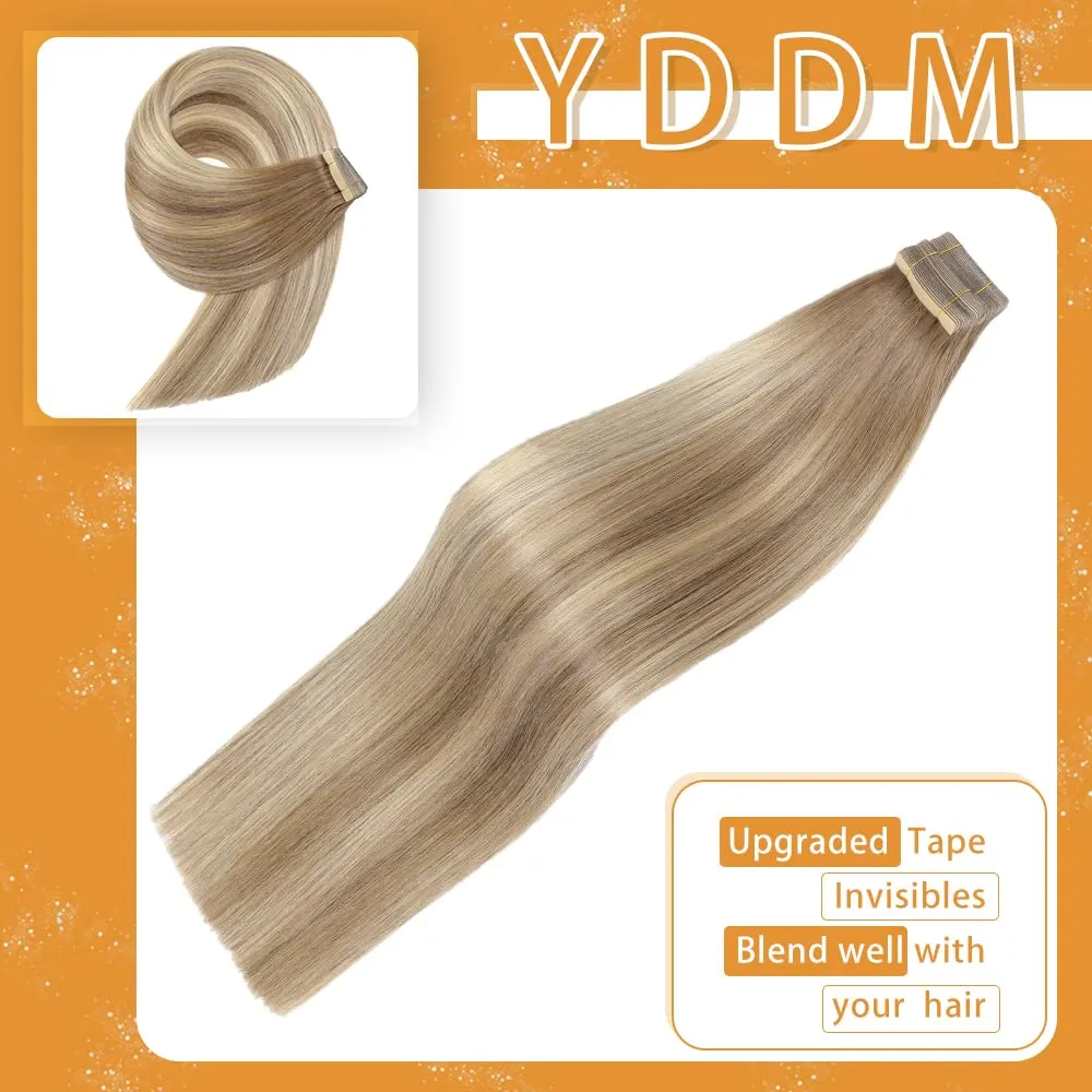 YDDM Tape in Hair Extensions, 20pcs Balayage Gold Brown Mixed Dark Blonde 14 Inch Straight 100% Remy Human Hair Seamless Invisible Tape in Hair Extensions Human Hair(10/10/22#, 14 Inch)