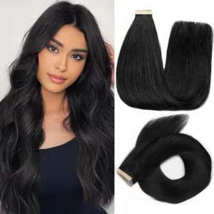 YDDM Tape in Hair Extensions Human Hair, 18 Inch 20pcs Jet Black 100% Remy Human Hair Straight Invisible Tape in Hair Extensions for Women(1#, 18 Inch)