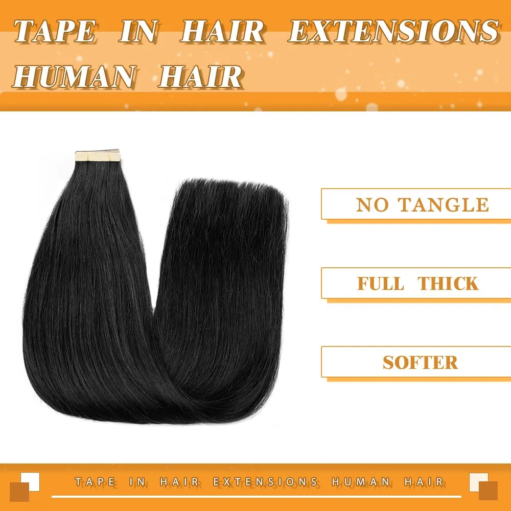 YDDM Tape in Hair Extensions Human Hair, 18 Inch 20pcs Jet Black 100% Remy Human Hair Straight Invisible Tape in Hair Extensions for Women(1#, 18 Inch)