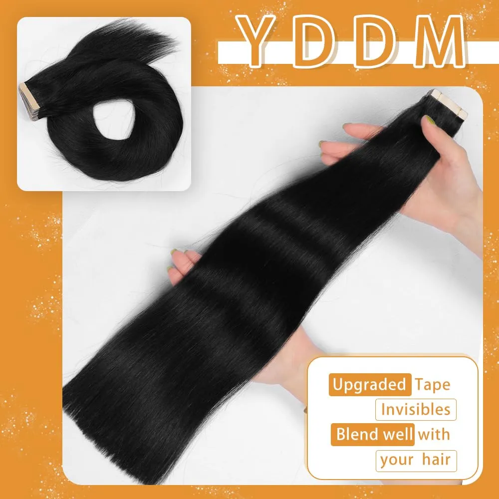 YDDM Tape in Hair Extensions Human Hair, 18 Inch 20pcs Jet Black 100% Remy Human Hair Straight Invisible Tape in Hair Extensions for Women(1#, 18 Inch)