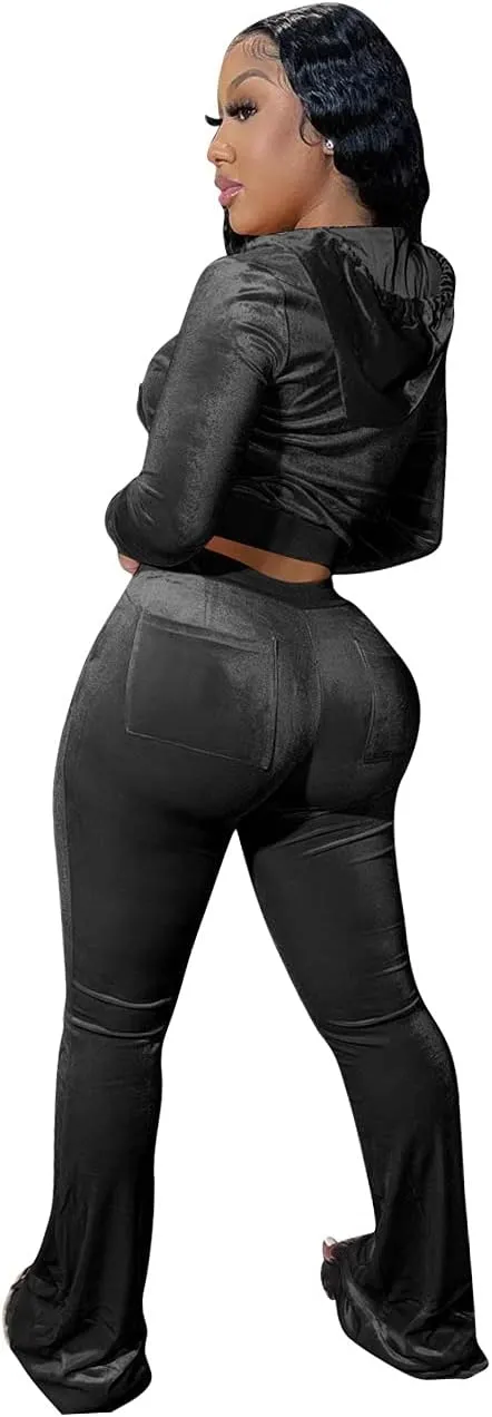 Yeshire Womens 2 Piece Outfits Velvet Sweatsuits Zip-up Hoodie Jacket Casual Jogging Set Tracksuit Set with Pockets