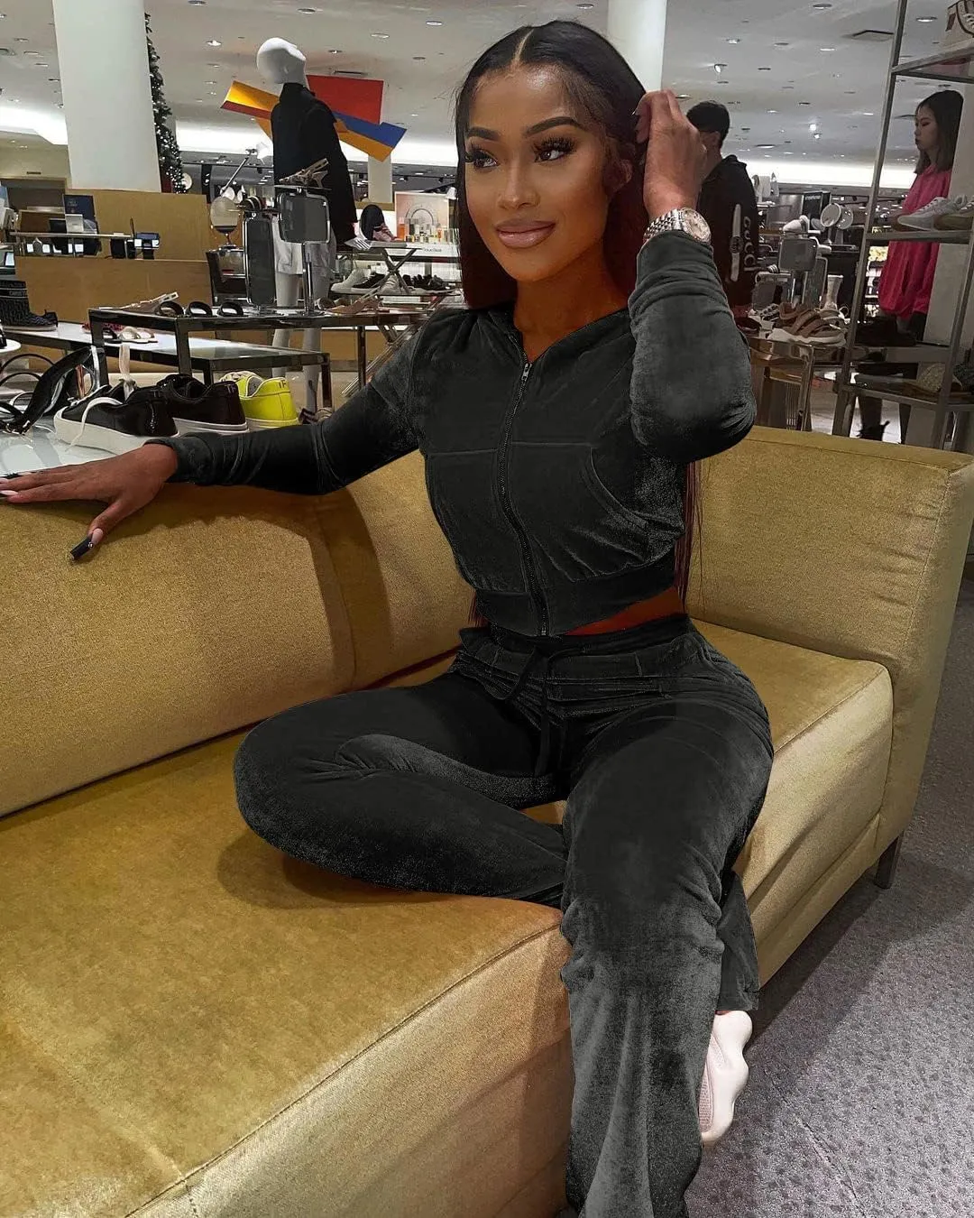 Yeshire Womens 2 Piece Outfits Velvet Sweatsuits Zip-up Hoodie Jacket Casual Jogging Set Tracksuit Set with Pockets