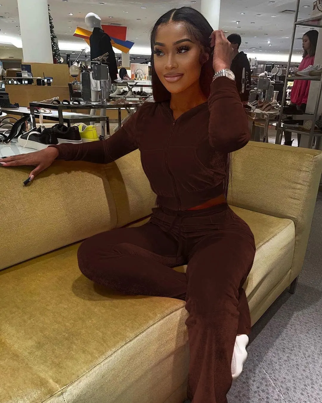 Yeshire Womens 2 Piece Outfits Velvet Sweatsuits Zip-up Hoodie Jacket Casual Jogging Set Tracksuit Set with Pockets