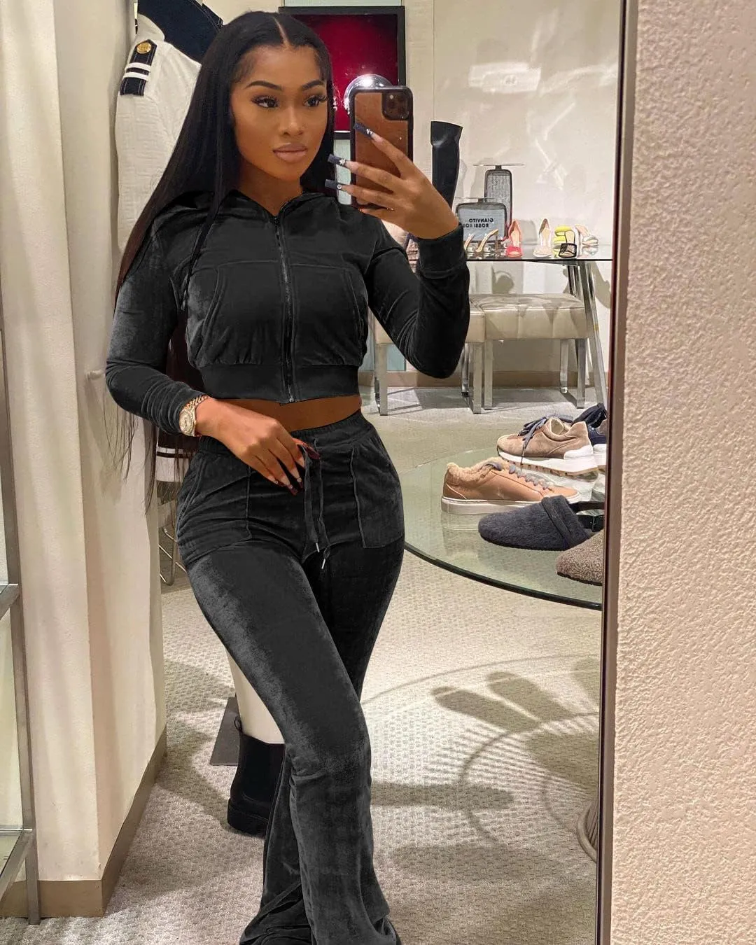 Yeshire Womens 2 Piece Outfits Velvet Sweatsuits Zip-up Hoodie Jacket Casual Jogging Set Tracksuit Set with Pockets