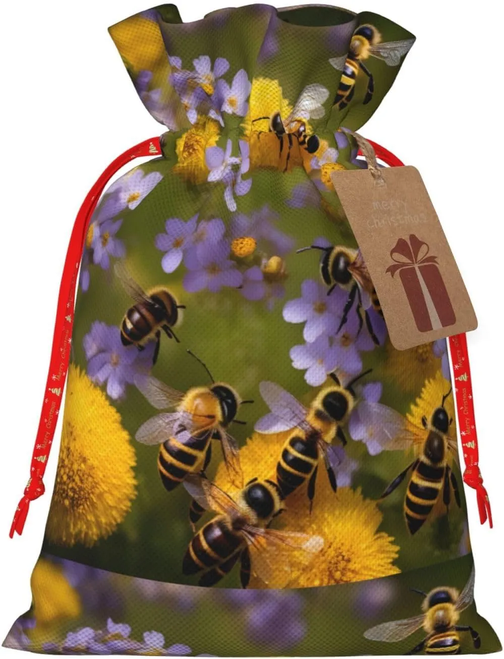 YHBLYKXP Rural Honey Bees Wildflowers print Drawstring Christmas Packing Bag Reusable Present Bag for Birthday Thanksgiving Party