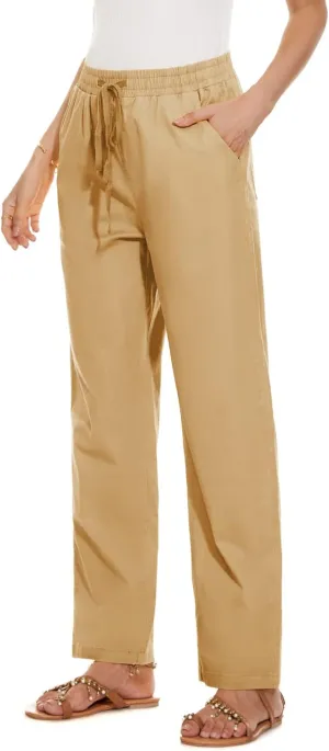 YOCUR Womens Casual Elastic High Waisted Work Pants Cotton Straight Leg Drawstring Trousers