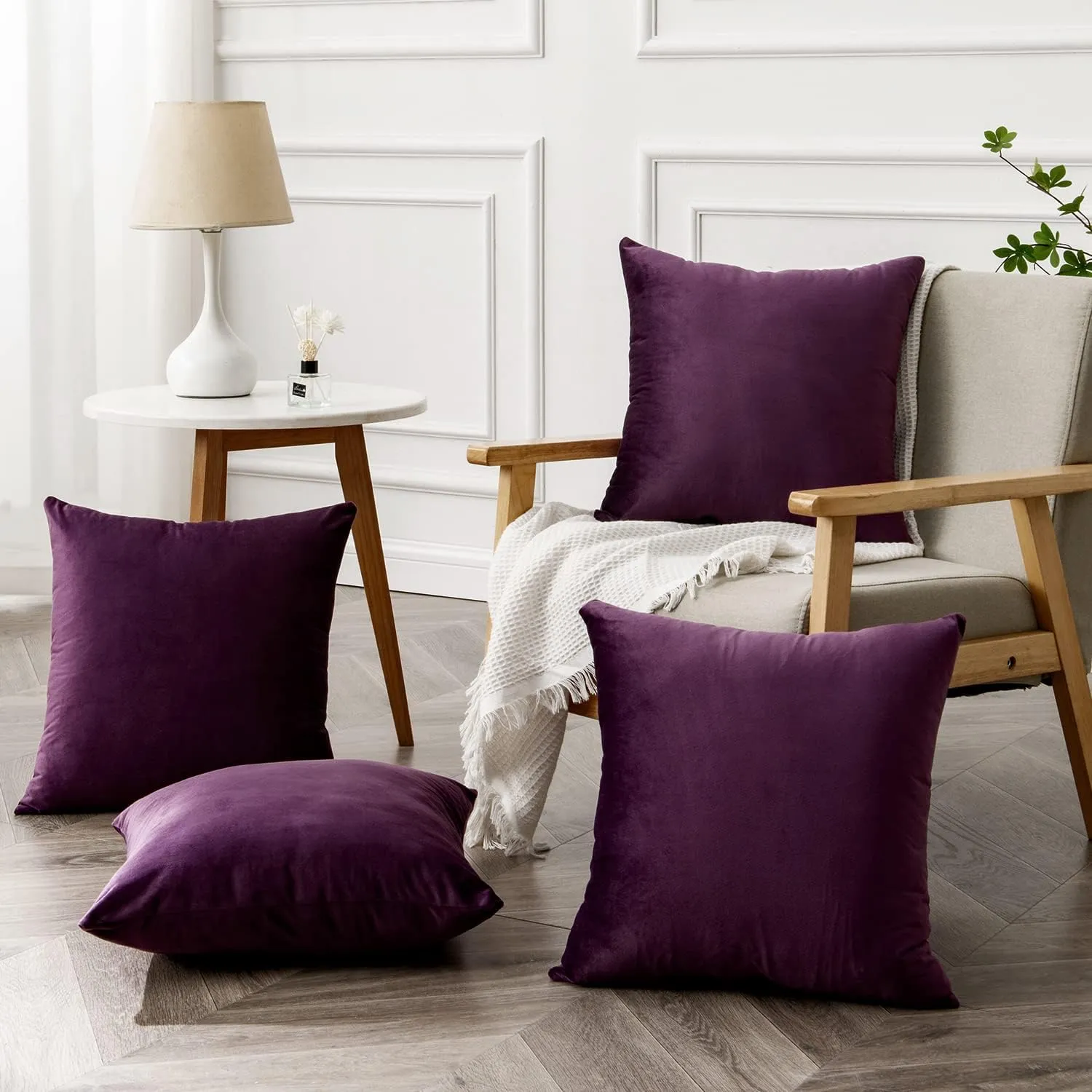 Yonous Throw Pillow Covers, Velvet Soft Decorative Cushion Case for Sofa Bedroom Car, Set of 4, 16x16 Inch, Eggplant Purple