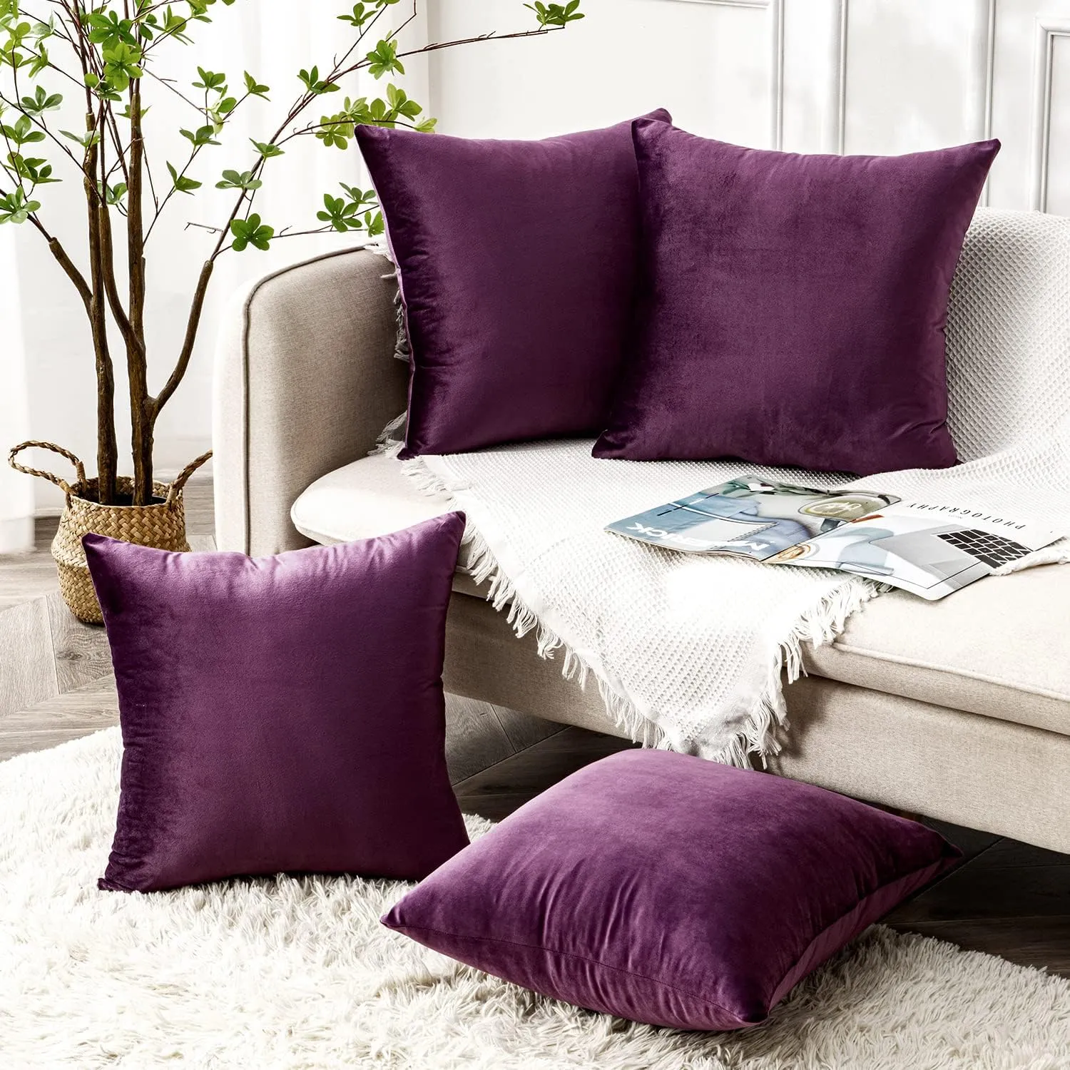 Yonous Throw Pillow Covers, Velvet Soft Decorative Cushion Case for Sofa Bedroom Car, Set of 4, 16x16 Inch, Eggplant Purple