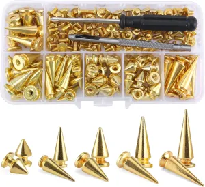 YORANYO 70 Sets Mixed Shape Spikes and Studs Assorted Sizes Spike Studs for Clothing Gold Color Screw Back Bullet Tree Studs and Spikes Rivet for Leather Craft Clothing Shoes Belts Bags Dog Collars