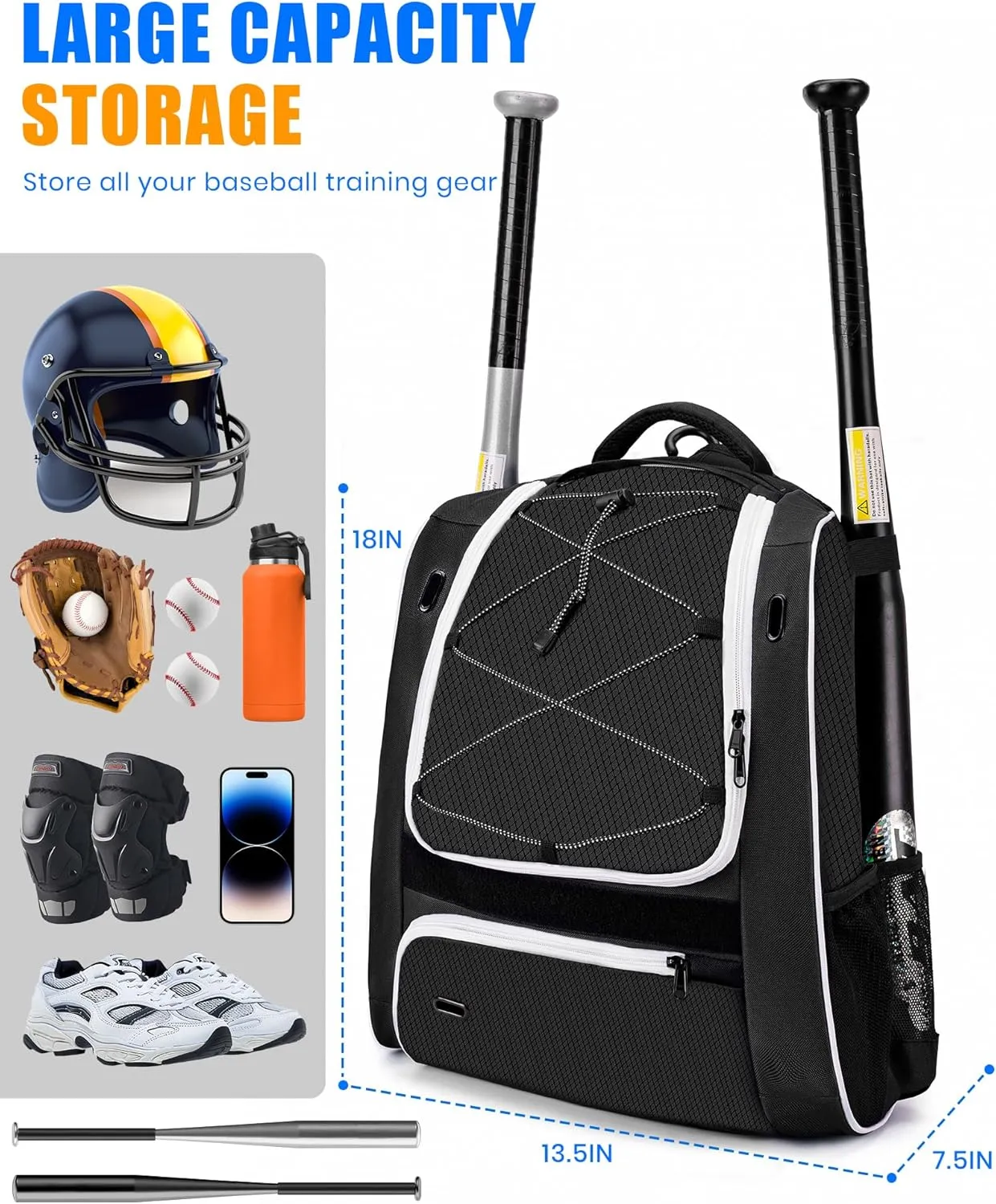 Youth Baseball Bag-Baseball Backpack for T-Ball&Softball Equipment with Fence Hook,Bat&Glove Holder,Large Main Compartment for Helmet,Accessories,Shoes Compartment