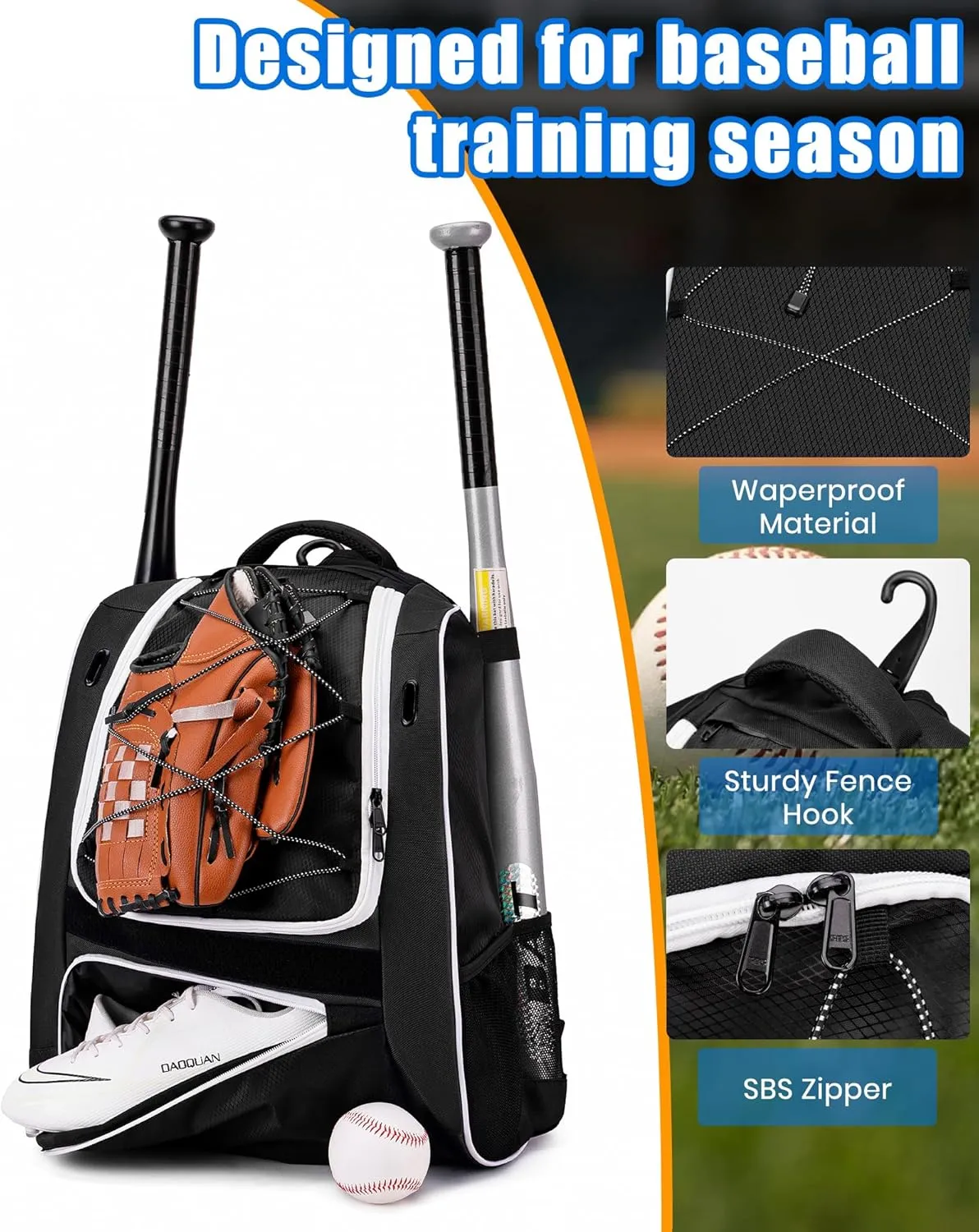 Youth Baseball Bag-Baseball Backpack for T-Ball&Softball Equipment with Fence Hook,Bat&Glove Holder,Large Main Compartment for Helmet,Accessories,Shoes Compartment