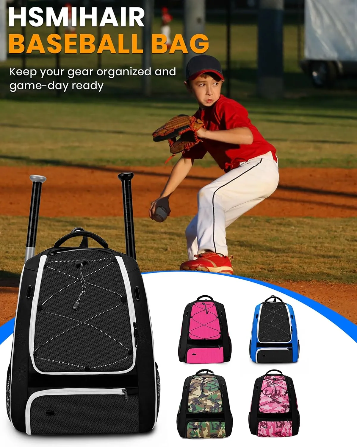 Youth Baseball Bag-Baseball Backpack for T-Ball&Softball Equipment with Fence Hook,Bat&Glove Holder,Large Main Compartment for Helmet,Accessories,Shoes Compartment