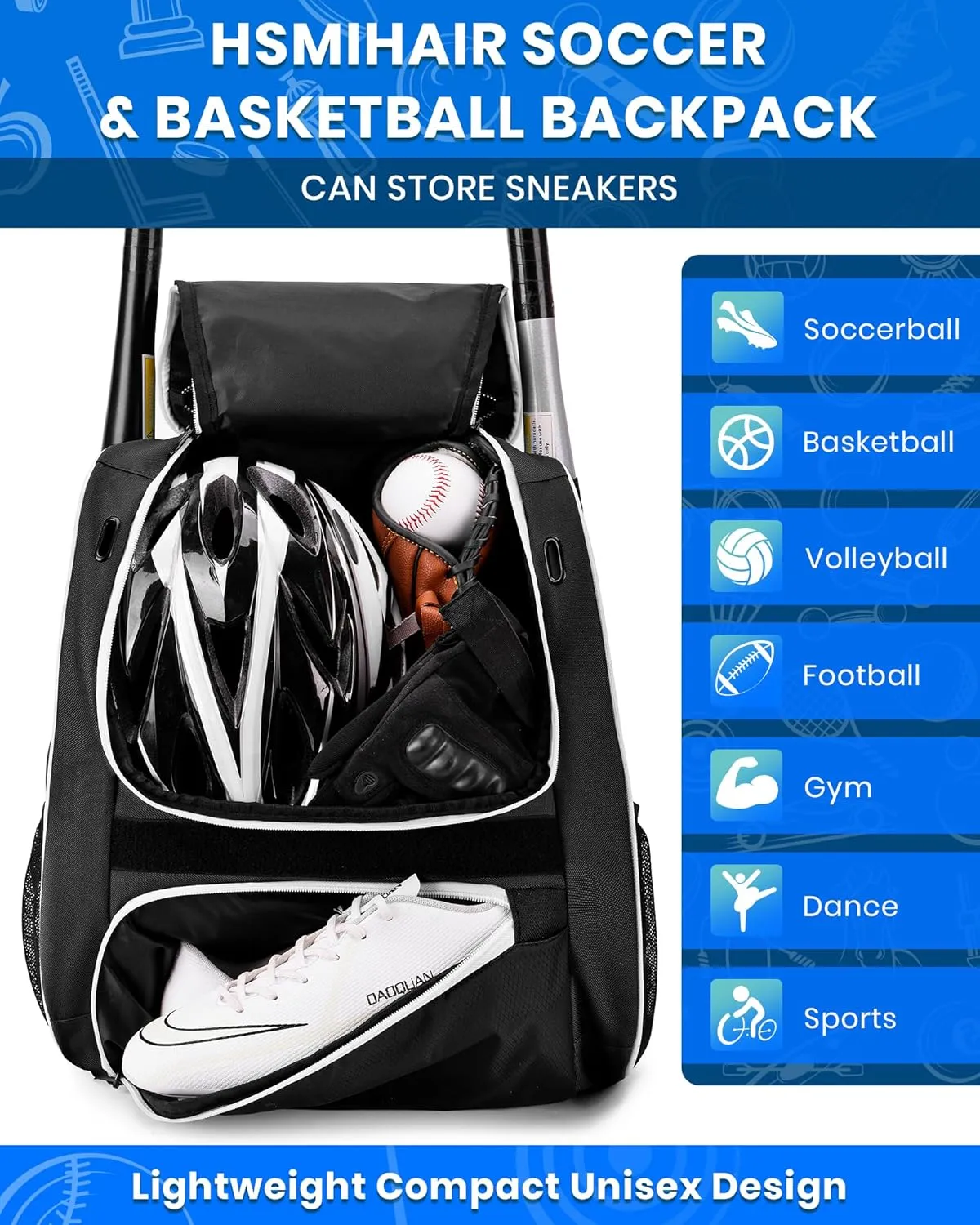 Youth Baseball Bag-Baseball Backpack for T-Ball&Softball Equipment with Fence Hook,Bat&Glove Holder,Large Main Compartment for Helmet,Accessories,Shoes Compartment