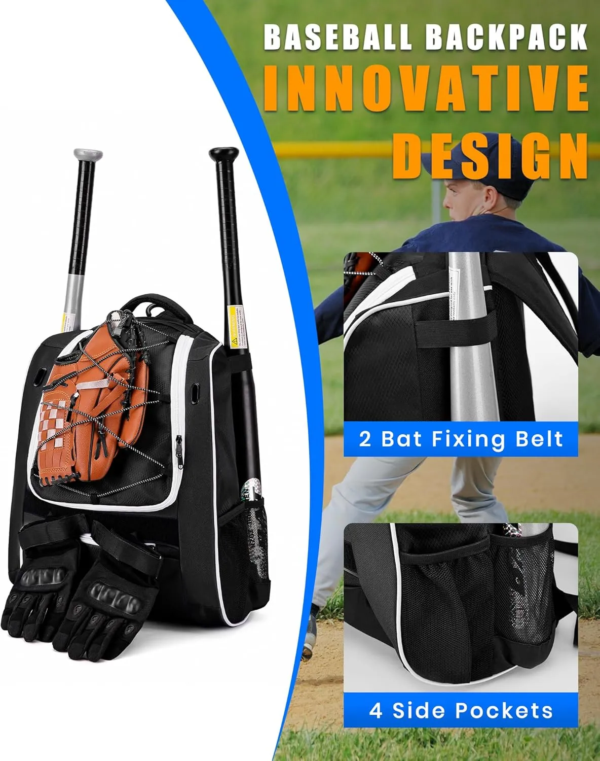 Youth Baseball Bag-Baseball Backpack for T-Ball&Softball Equipment with Fence Hook,Bat&Glove Holder,Large Main Compartment for Helmet,Accessories,Shoes Compartment