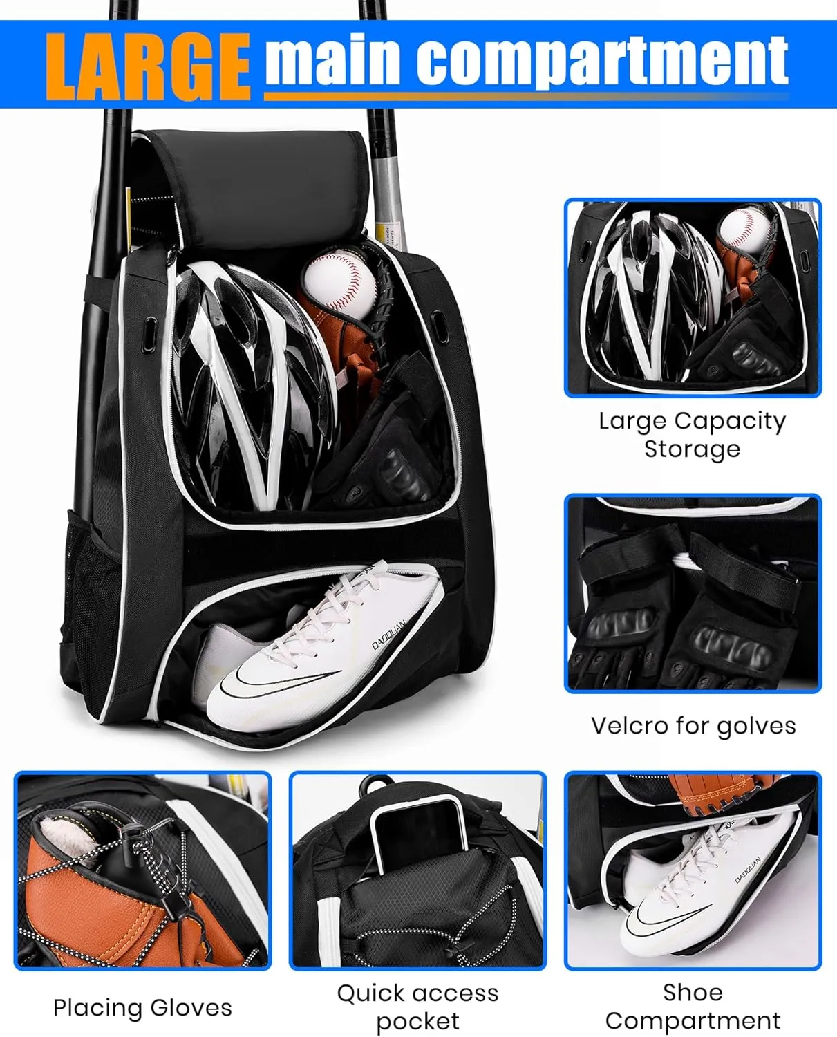 Youth Baseball Bag-Baseball Backpack for T-Ball&Softball Equipment with Fence Hook,Bat&Glove Holder,Large Main Compartment for Helmet,Accessories,Shoes Compartment