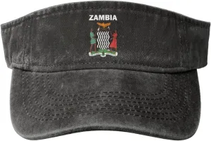 Zambia Coat of Arms Flag Washed Denim Visor Hat for Men & Women, Adjustable Sun Cap with UV Protection