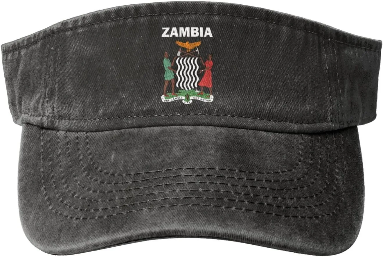 Zambia Coat of Arms Flag Washed Denim Visor Hat for Men & Women, Adjustable Sun Cap with UV Protection