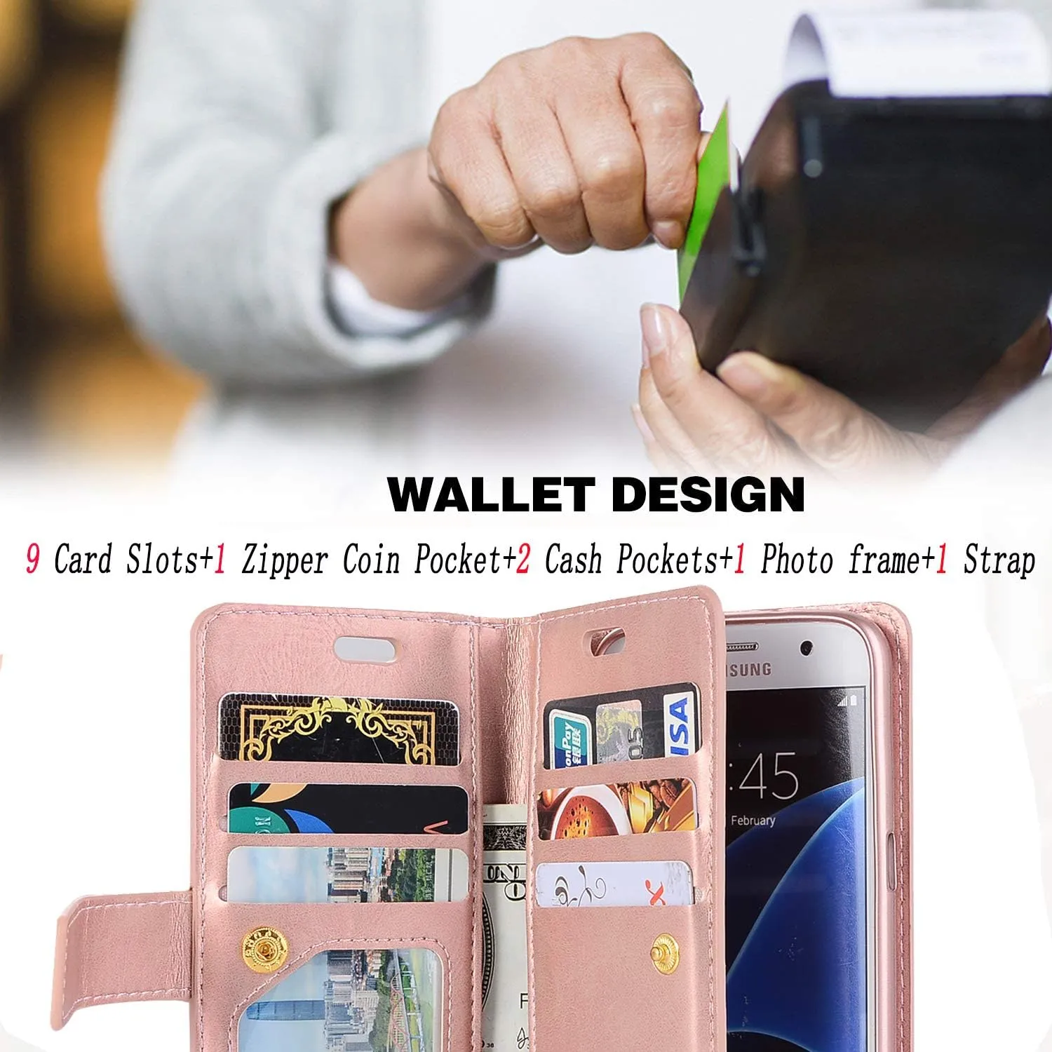 ZCDAYE Wallet Case for Galaxy S9 Plus,Premium Magnetic Multi-Functional Handbag Dual Folio PU Leather Stand Flip Case Cover with [Zipper Pocket][Card Slots] for Samsung Galaxy S9 Plus,Rose Gold
