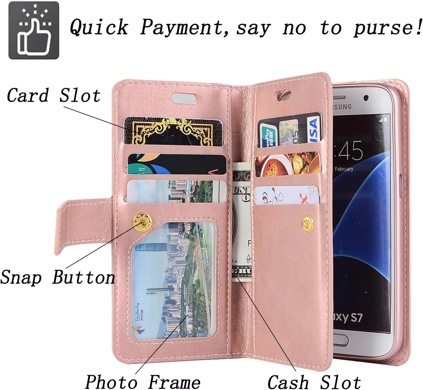 ZCDAYE Wallet Case for Galaxy S9 Plus,Premium Magnetic Multi-Functional Handbag Dual Folio PU Leather Stand Flip Case Cover with [Zipper Pocket][Card Slots] for Samsung Galaxy S9 Plus,Rose Gold