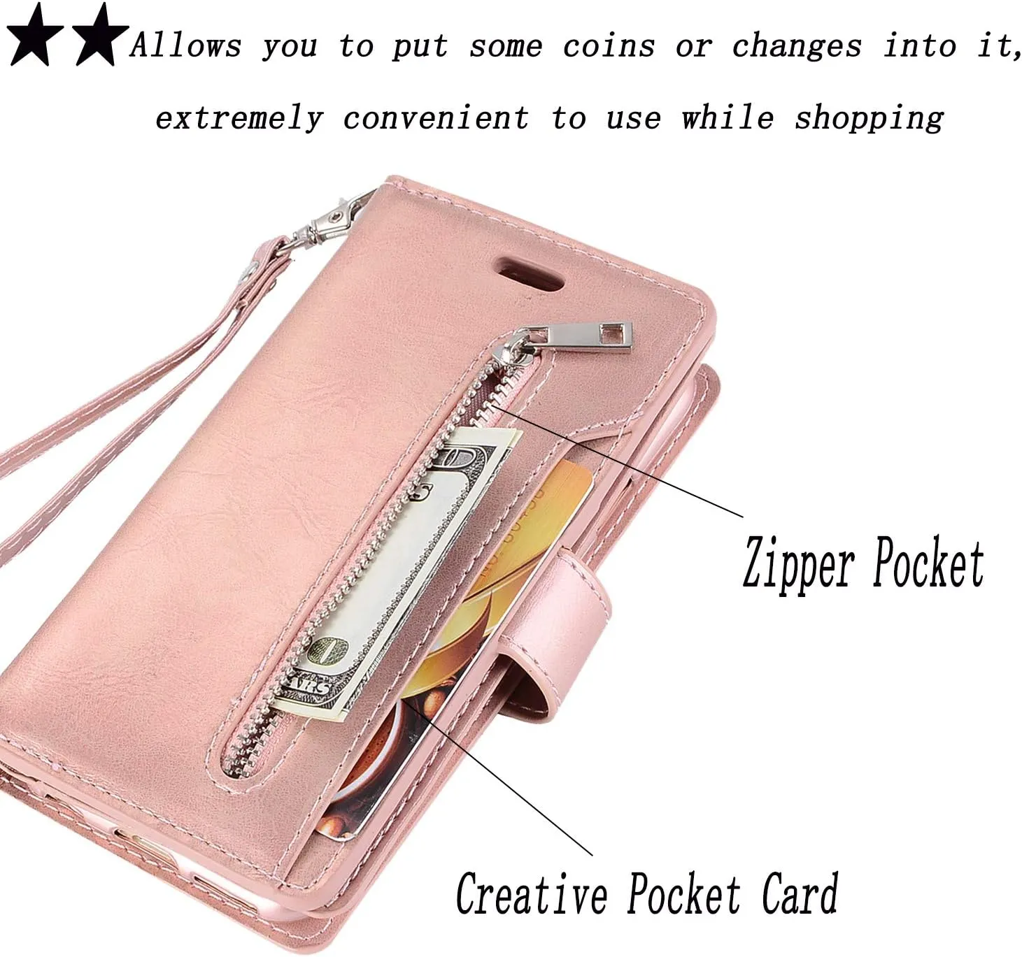 ZCDAYE Wallet Case for Galaxy S9 Plus,Premium Magnetic Multi-Functional Handbag Dual Folio PU Leather Stand Flip Case Cover with [Zipper Pocket][Card Slots] for Samsung Galaxy S9 Plus,Rose Gold