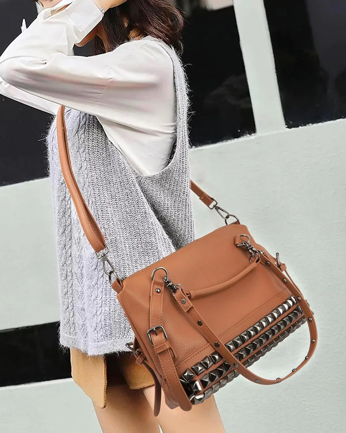 ZLM BAG US Punk Rivet Hobo Handbag for Women Large Crossbody Purse Leather Top Handle Bag
