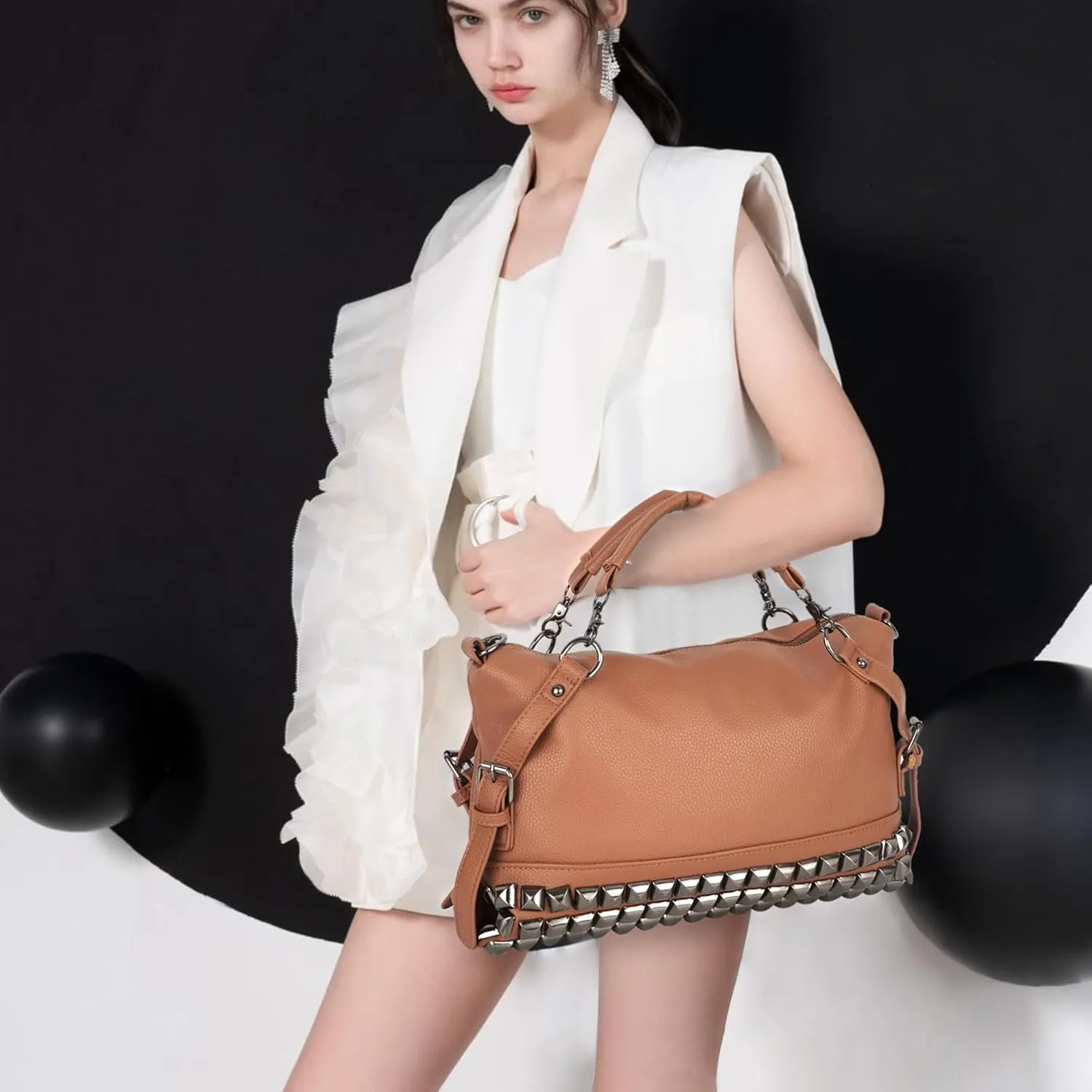 ZLM BAG US Punk Rivet Hobo Handbag for Women Large Crossbody Purse Leather Top Handle Bag
