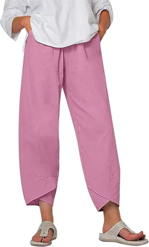 ZOCAVIA Women's Cotton Linen Capri Pants Casual Cropped Baggy Trousers Comfy Loose Palazzo Lounge Pants with Pockets