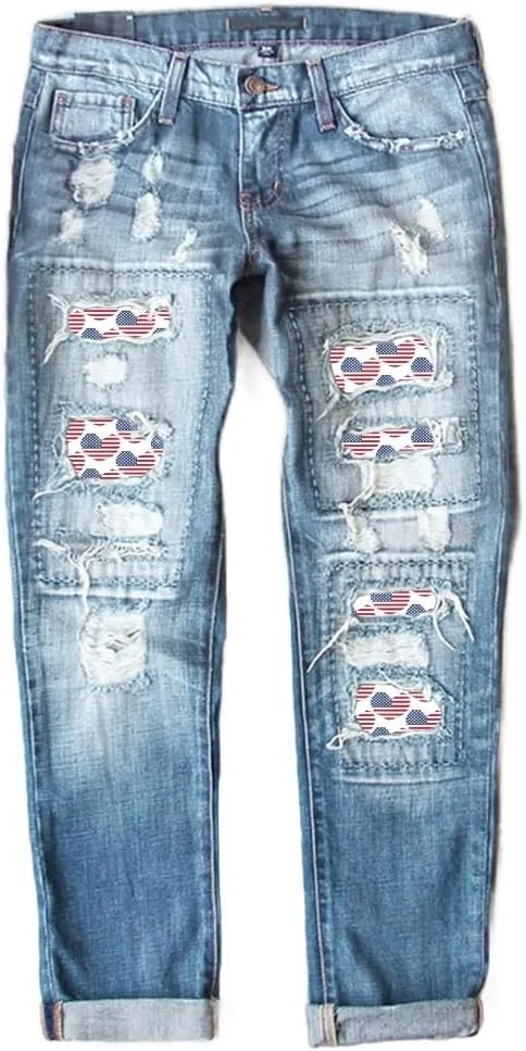 ZOCAVIA Womens Ripped Denim Pants Plus Size Casual Stretch Skinny High Waist Washed Jeans Patched Patchwork Denim Jeans