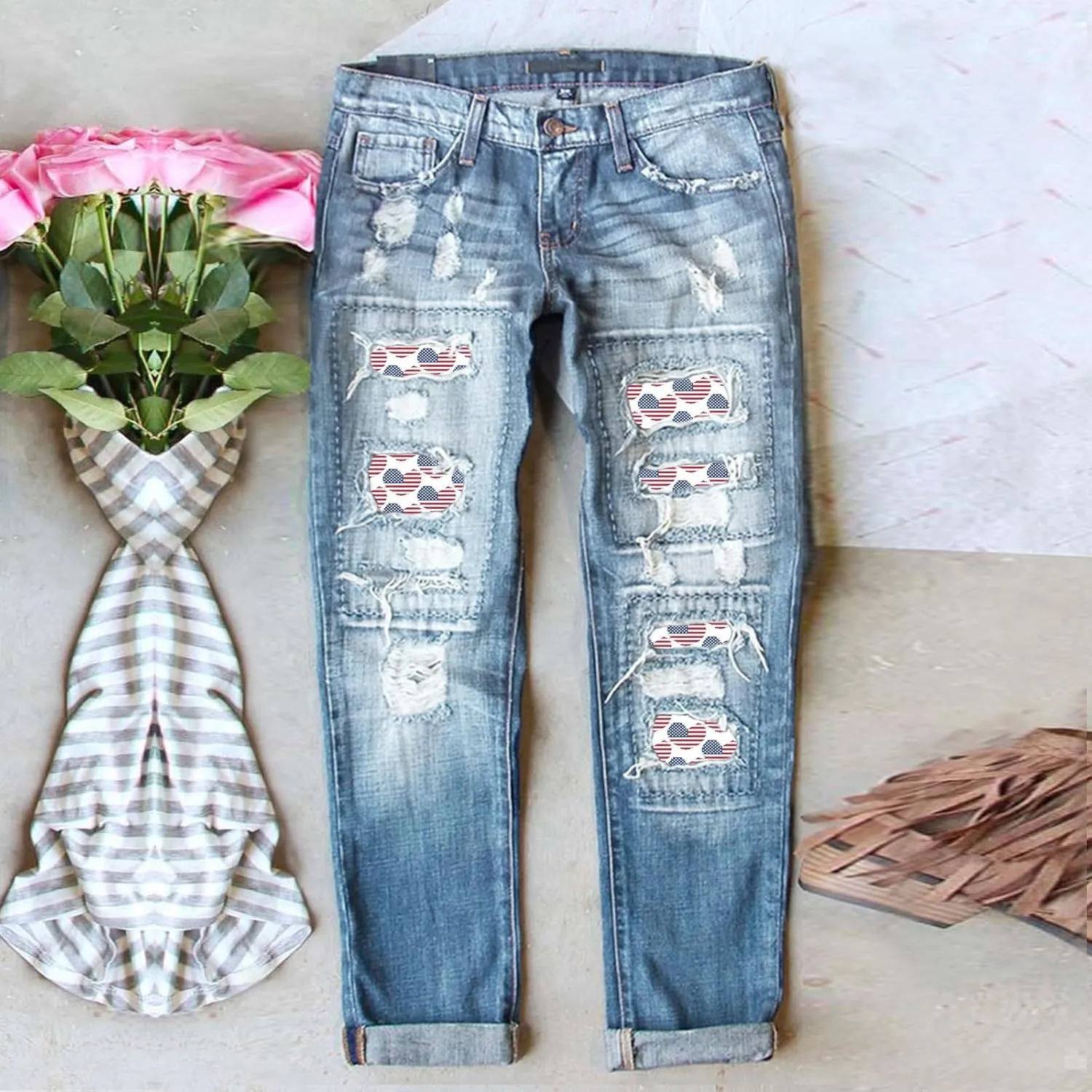 ZOCAVIA Womens Ripped Denim Pants Plus Size Casual Stretch Skinny High Waist Washed Jeans Patched Patchwork Denim Jeans