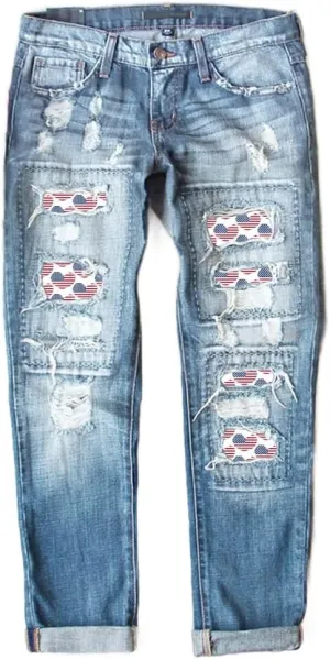 ZOCAVIA Womens Ripped Denim Pants Plus Size Casual Stretch Skinny High Waist Washed Jeans Patched Patchwork Denim Jeans