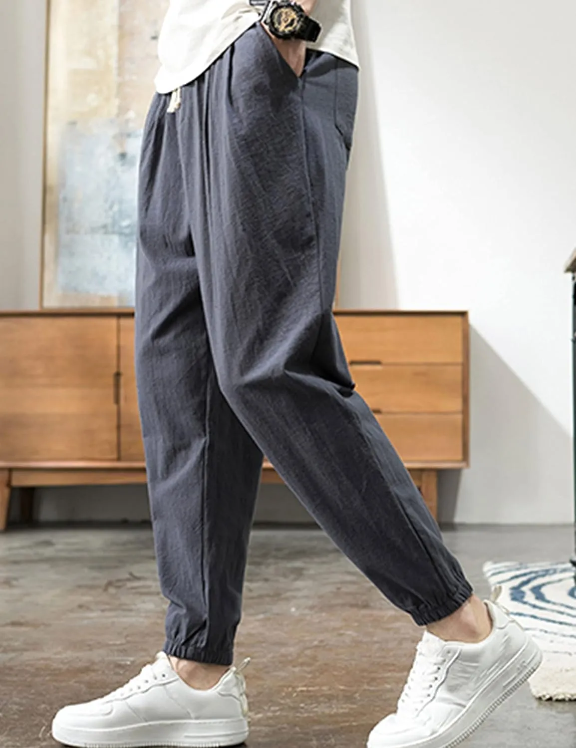 Zontroldy Men's Pants Cotton Linen Yoga Golf Beach Jogger Sweat Lounge Harem Pants Trousers
